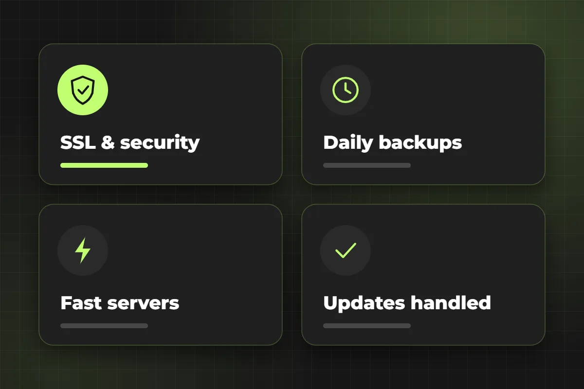 Hosting benefits: SSL security, backups, updates handled