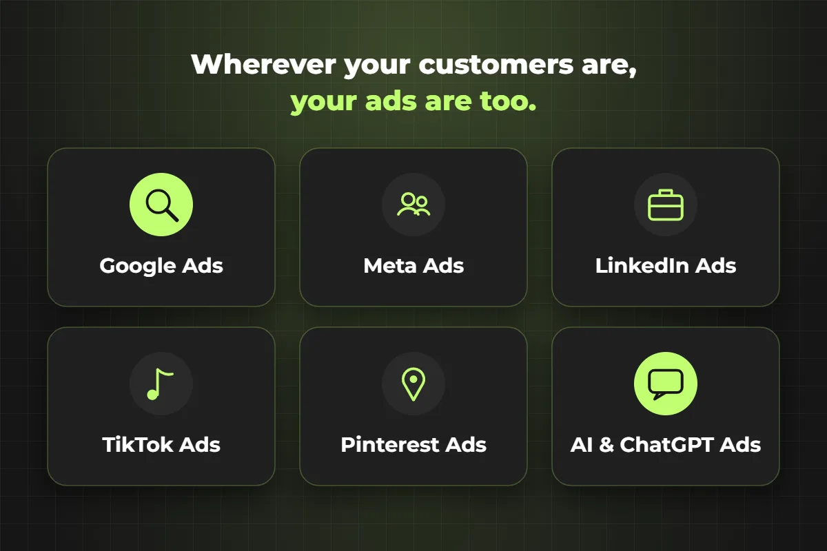 Ad platforms we manage: Google, Meta, LinkedIn, TikTok, Pinterest, ChatGPT