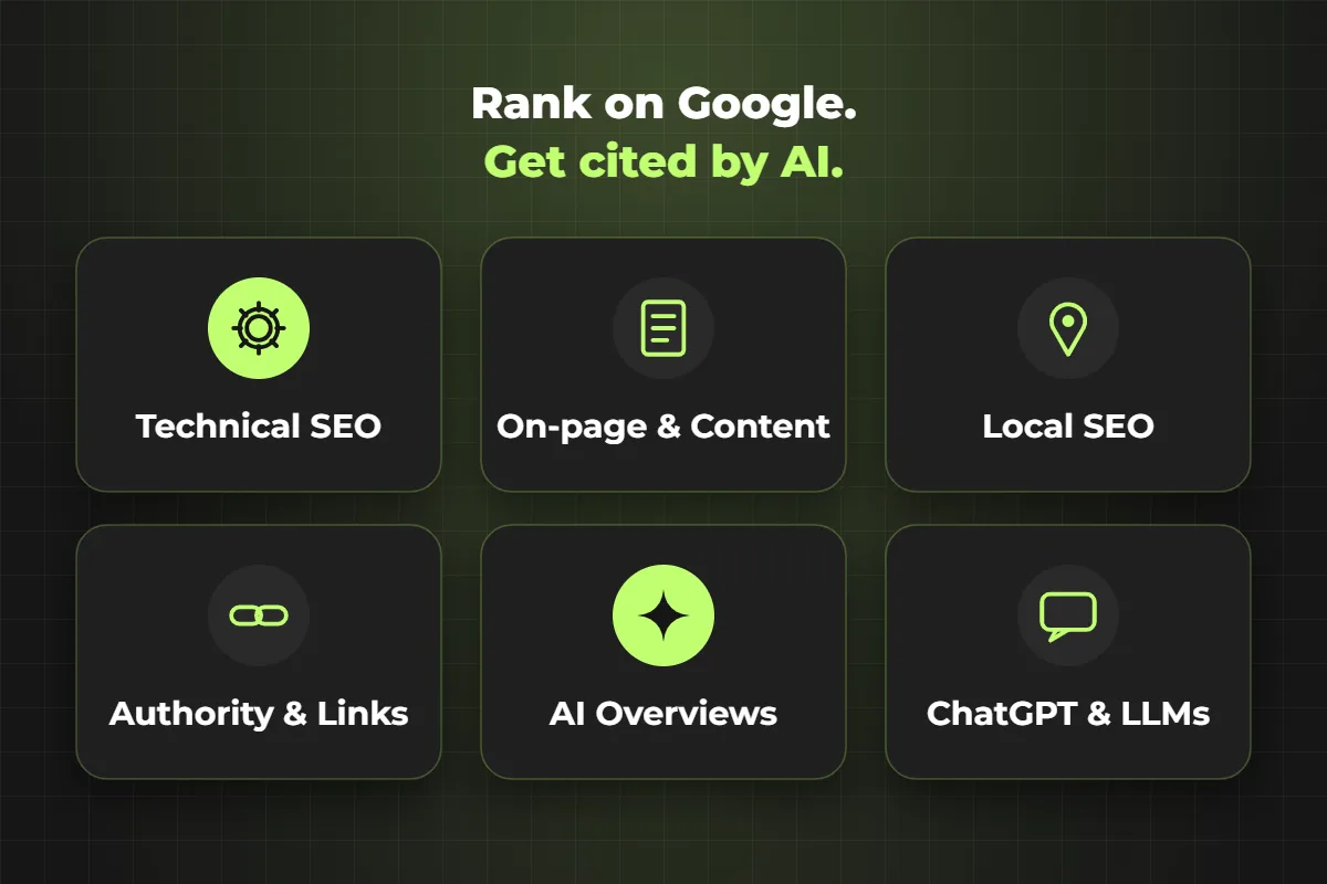 Technical SEO, content, local SEO, authority, AI Overviews and ChatGPT visibility